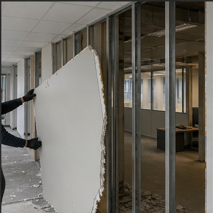 Dépose d’une cloison en plaques de plâtre, ossature métallique visible