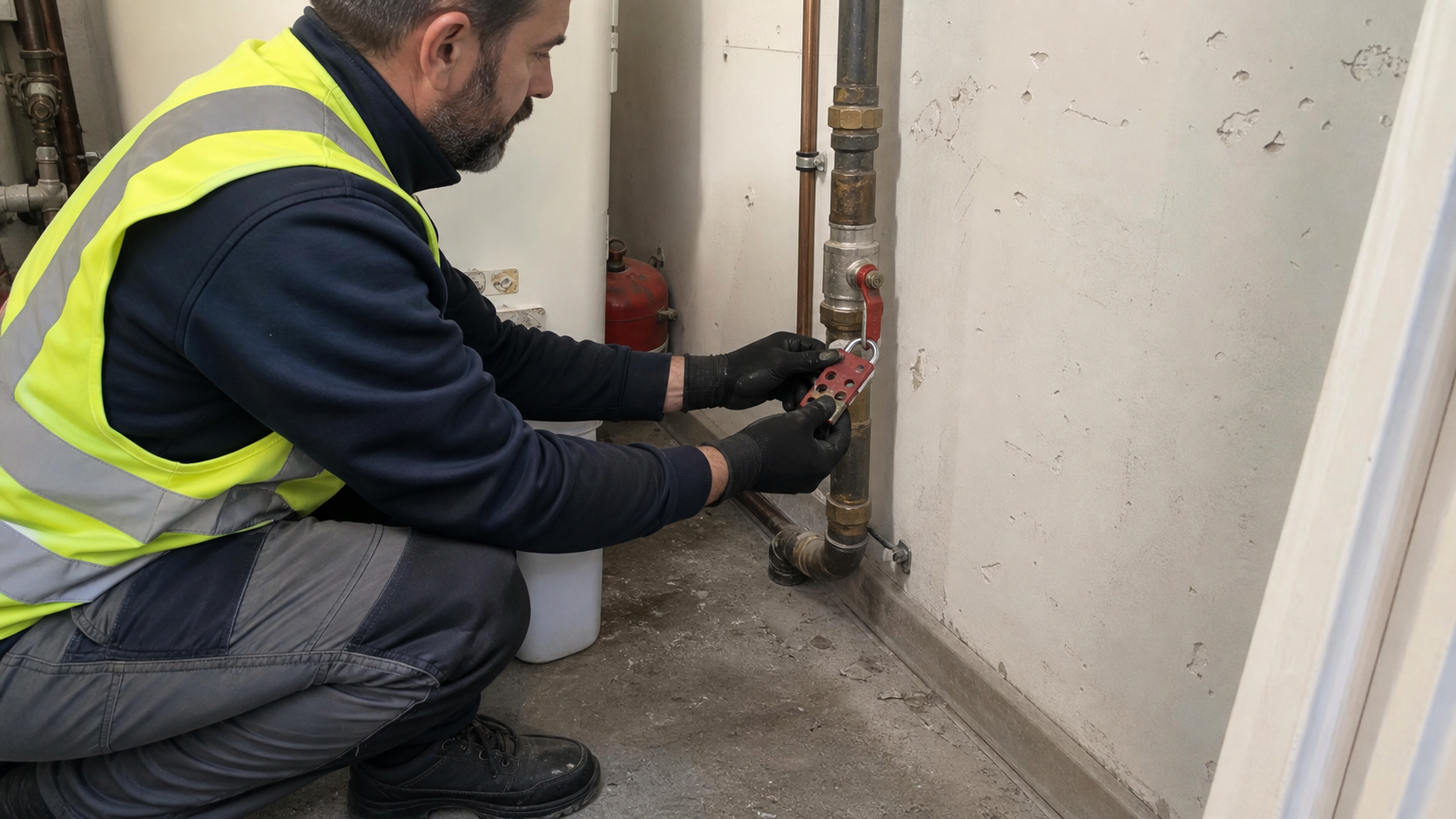 Technicien consignant un robinet d’arrêt avant curage